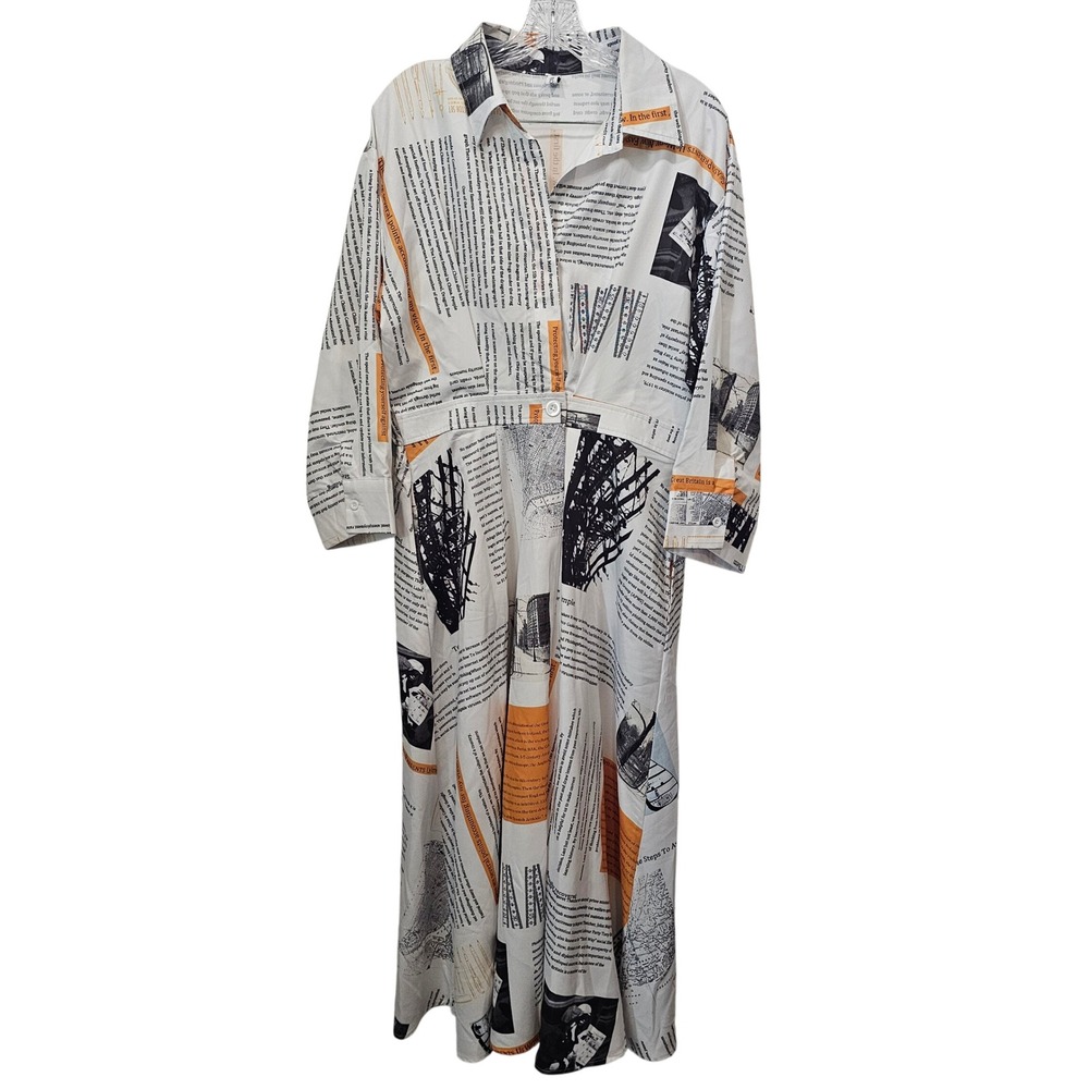 OSHO PLIVE Newspaper Print Shirt Dress White Orange Graphic Midi XL